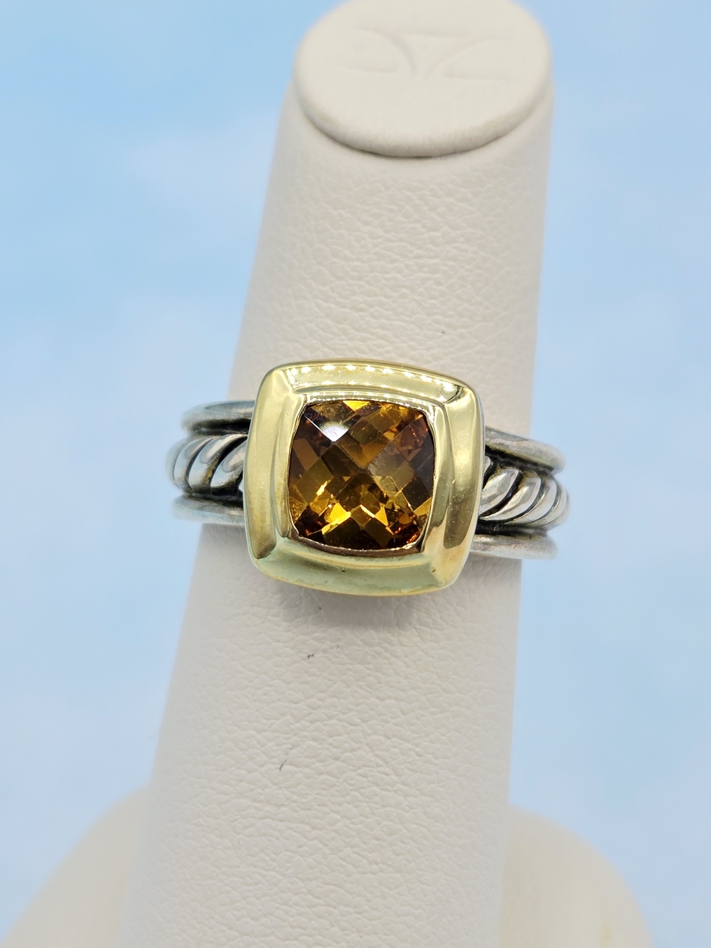 David Yurman Two-Tone Citrine Cushion Ring 18k Sterling